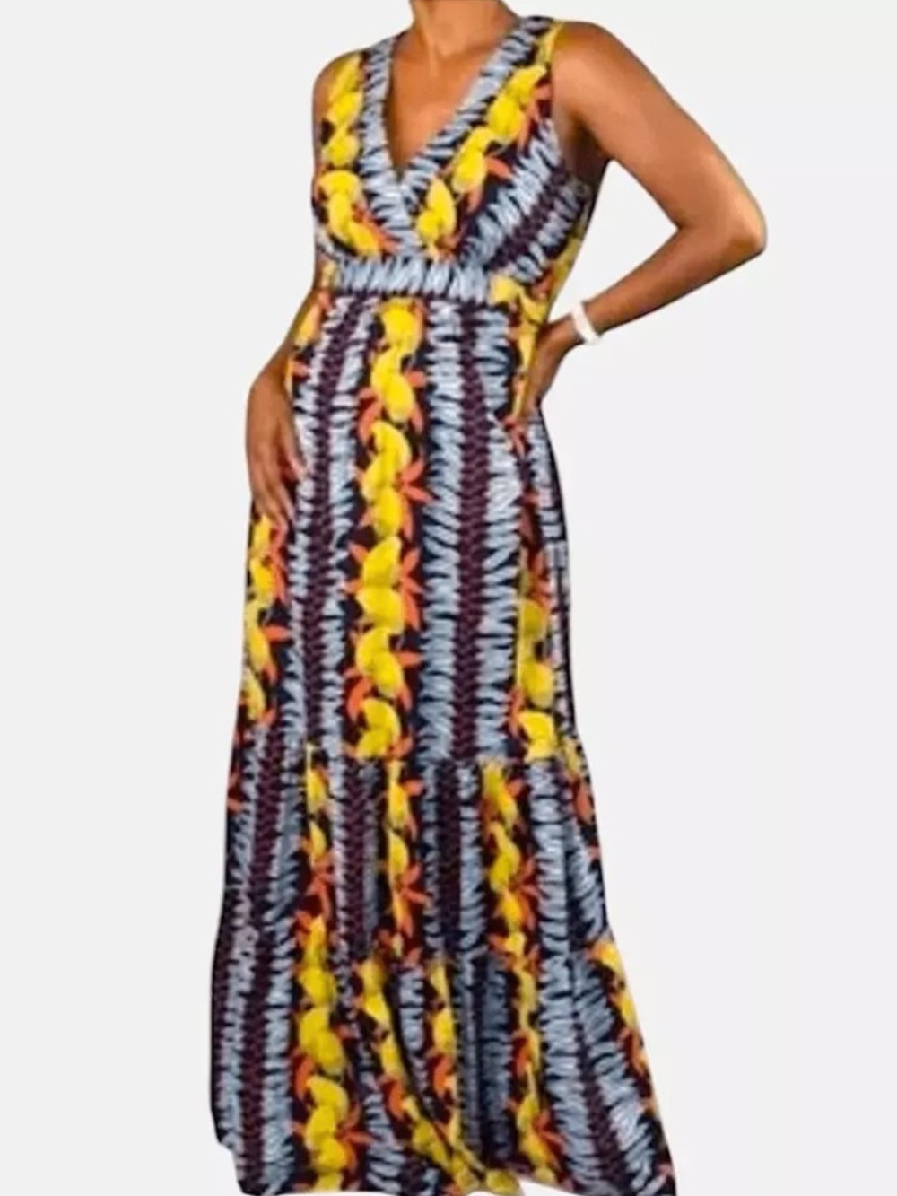 Cabi 415 Cotton Tiered Tropical Geometric Print Sleeveless Maxi Dress Medium